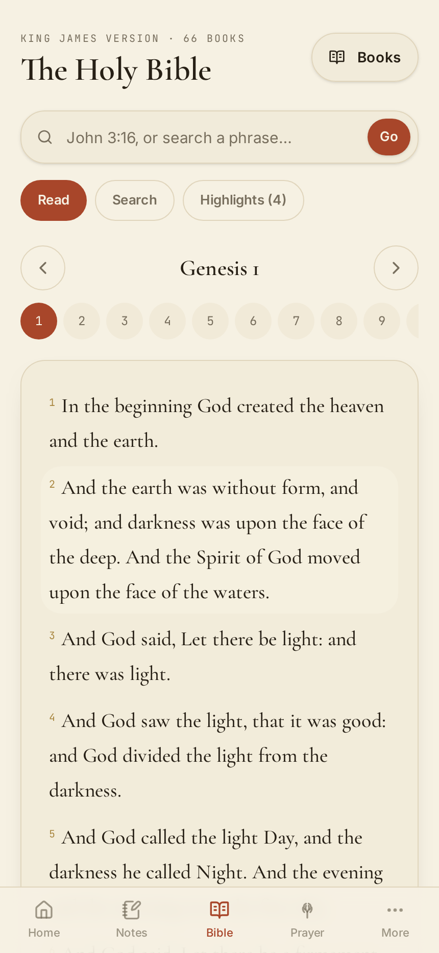 The King James Bible reader in Faithful Notes open to Genesis 1 with a highlighted verse