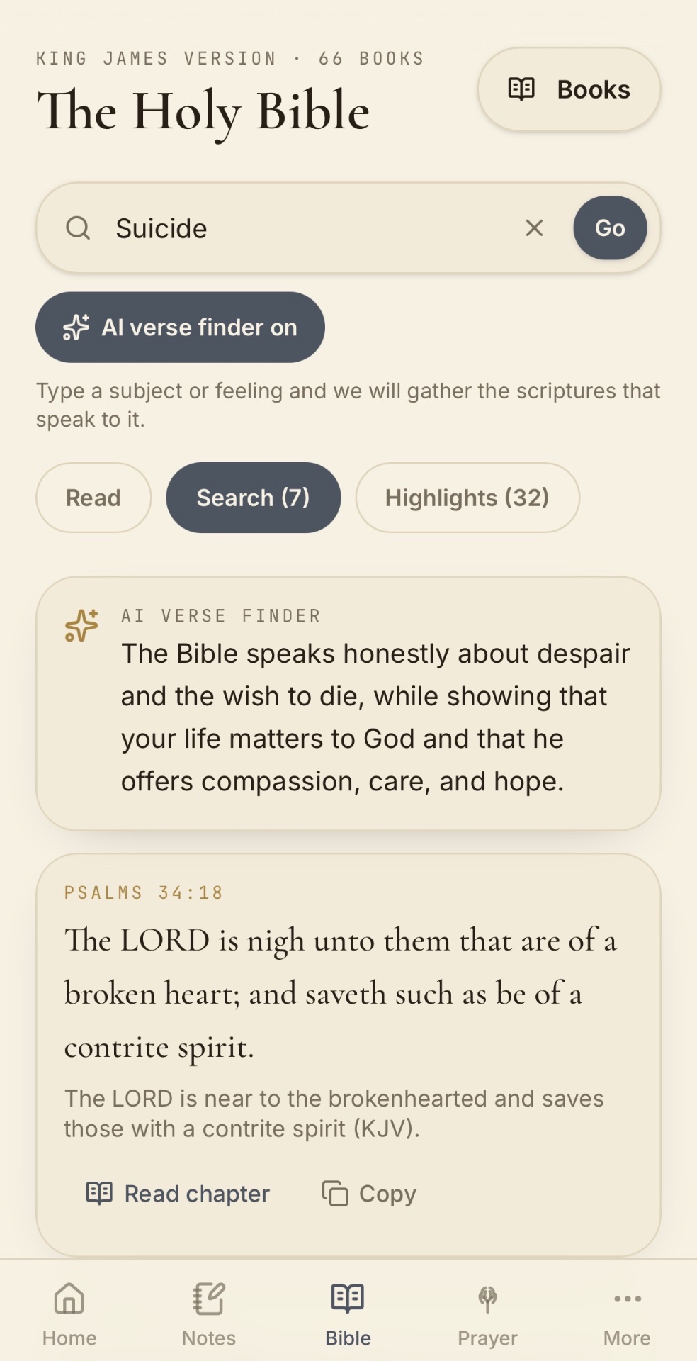 AI Bible search for 'Suicide' returning Psalms 34:18 — the Lord is nigh unto them that are of a broken heart