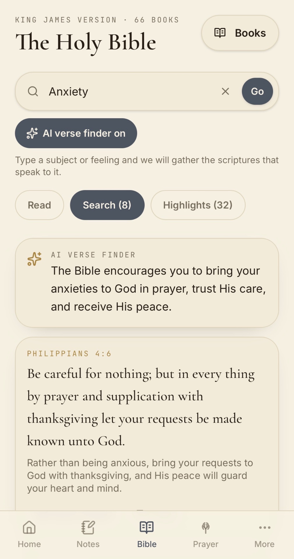 AI Bible search for 'Anxiety' returning Philippians 4:6 with an encouragement to bring your anxieties to God in prayer