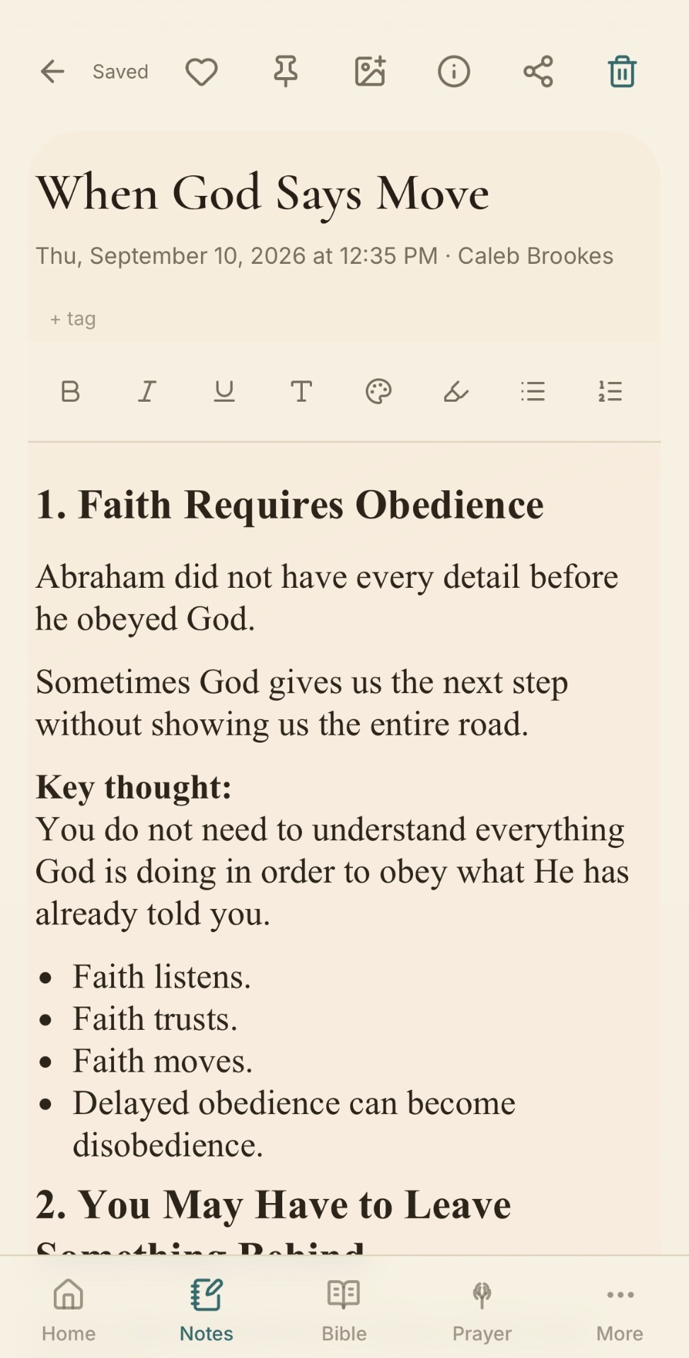 Faithful Notes editor with rich text formatting tools and a note open