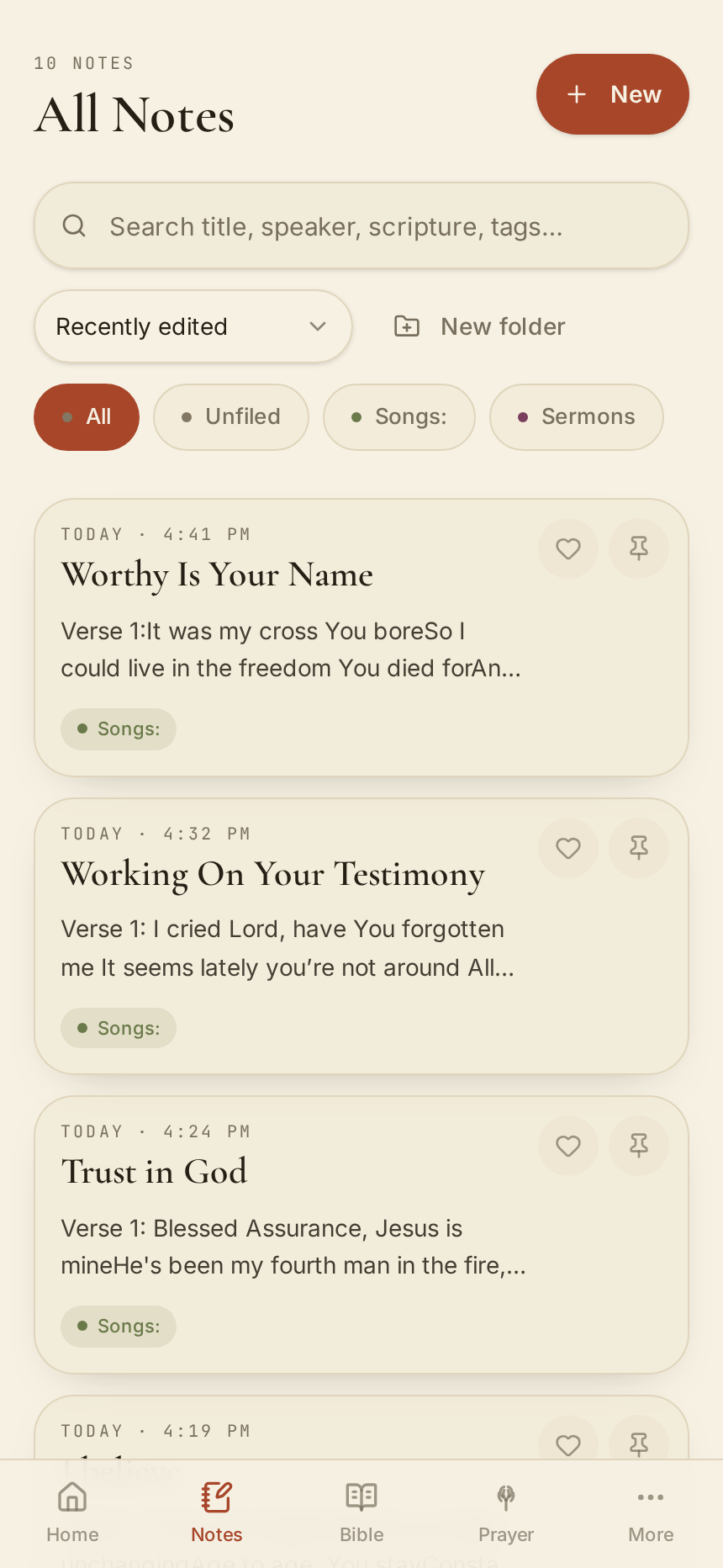 Faithful Notes all-notes list with folders, tags and search